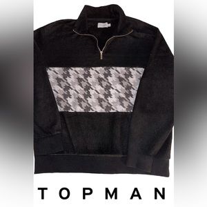 Topman- Mens Black Houndstooth Half Zipper Fleece Sweatshirt- Sz L- EUC- 🤩